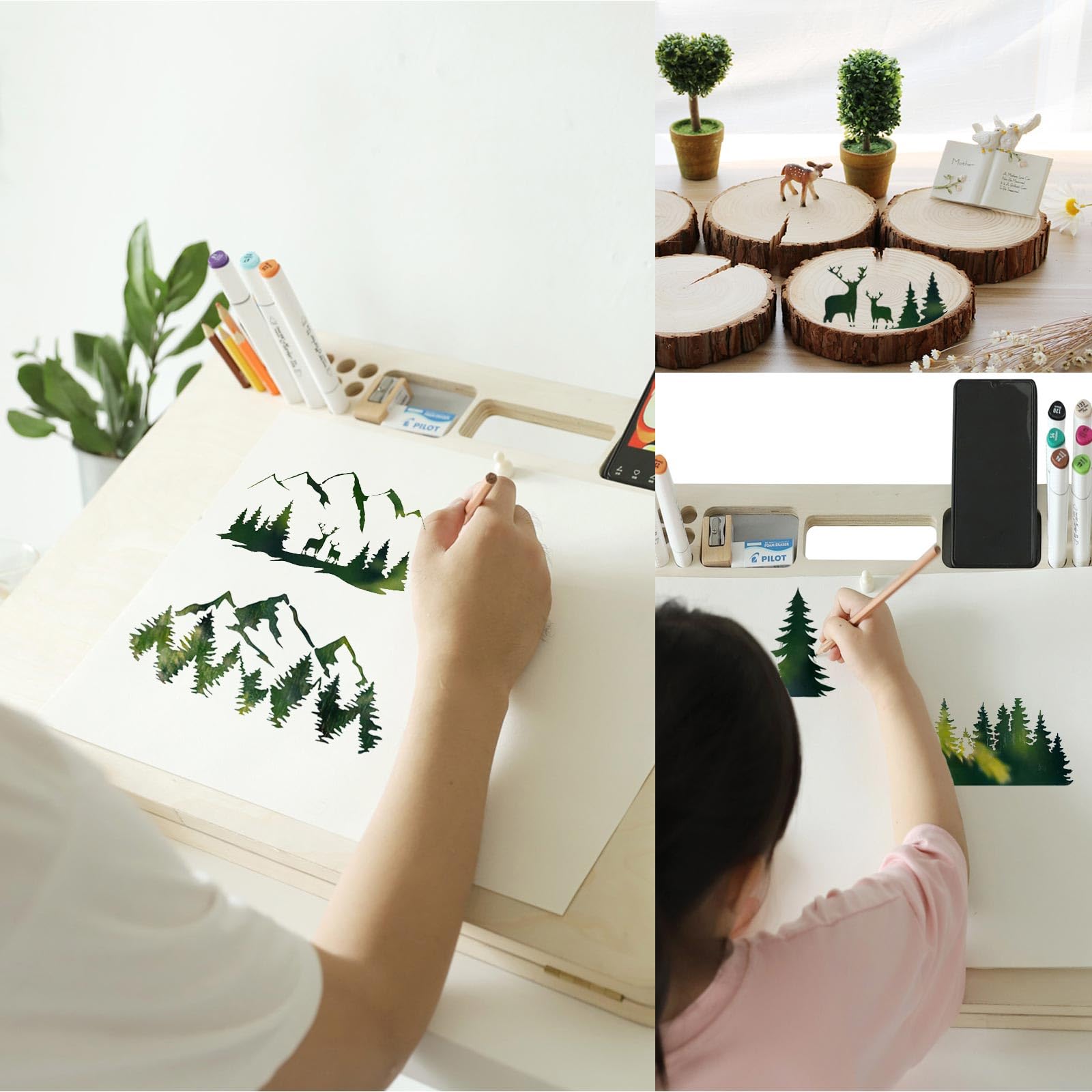 15 plantillas de pintura de montaña de bosque, plantillas reutilizables para quemar madera, ventana, pared, lona, tela, muebles y manualidades (15 bosques)