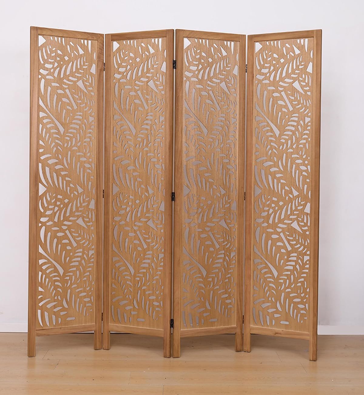 PEGANE Paravent ajouré, séparateur de pièce en Bois avec Motifs Feuille, 4 pans Coloris Brun Clair - Hauteur 170 x Longueur 160 cm