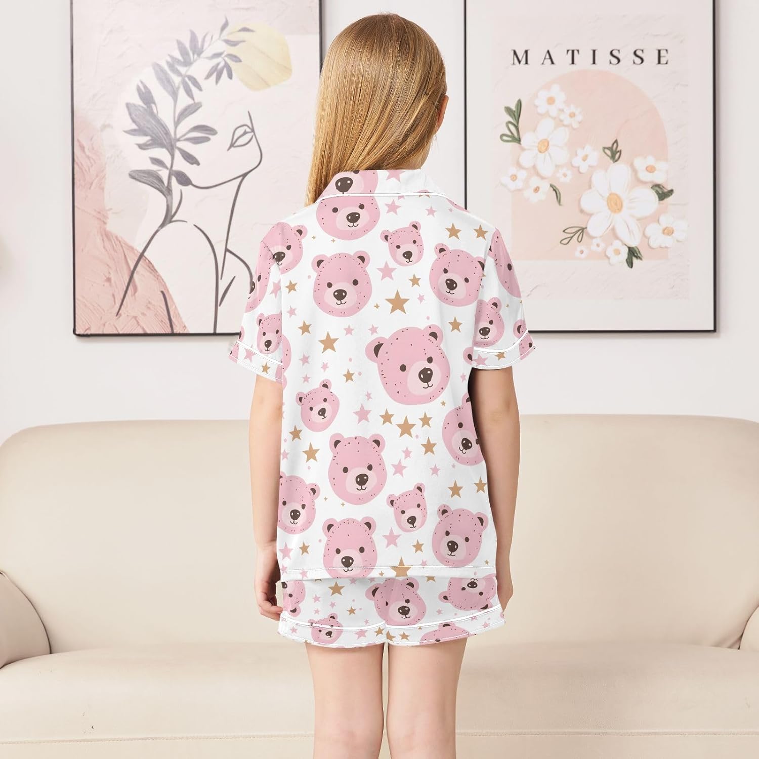 Kids Casual Satin Wear Set Pink Bears Face and Stars Unisex Short Sleeve Clothing for Relaxing