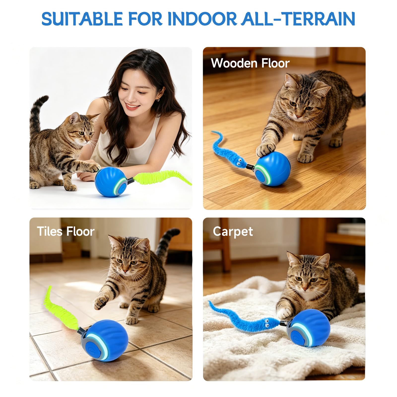 Interaktiver Katzenspielzeugball - Automatisch Beweglicher Katzenball für Indoor-Katzen mit 3 Schwänzen, Wiederaufladbares leises Kätzchenspielzeug für Langeweile & Bewegung, Rollball Spielzeug
