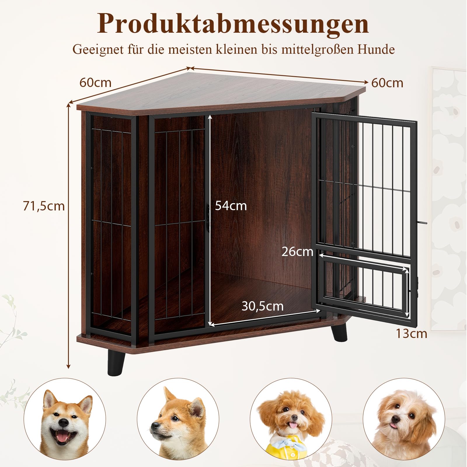 COSTWAY Eck Hundekäfig Möbel, Hundehütte mit abschließbarer Tür & 3 Holzbeinen, Hundebox aus Holz und Metall, für kleine mittelgroße Hunde, Indoor, Braun, 60 x 60 x 71,5 cm