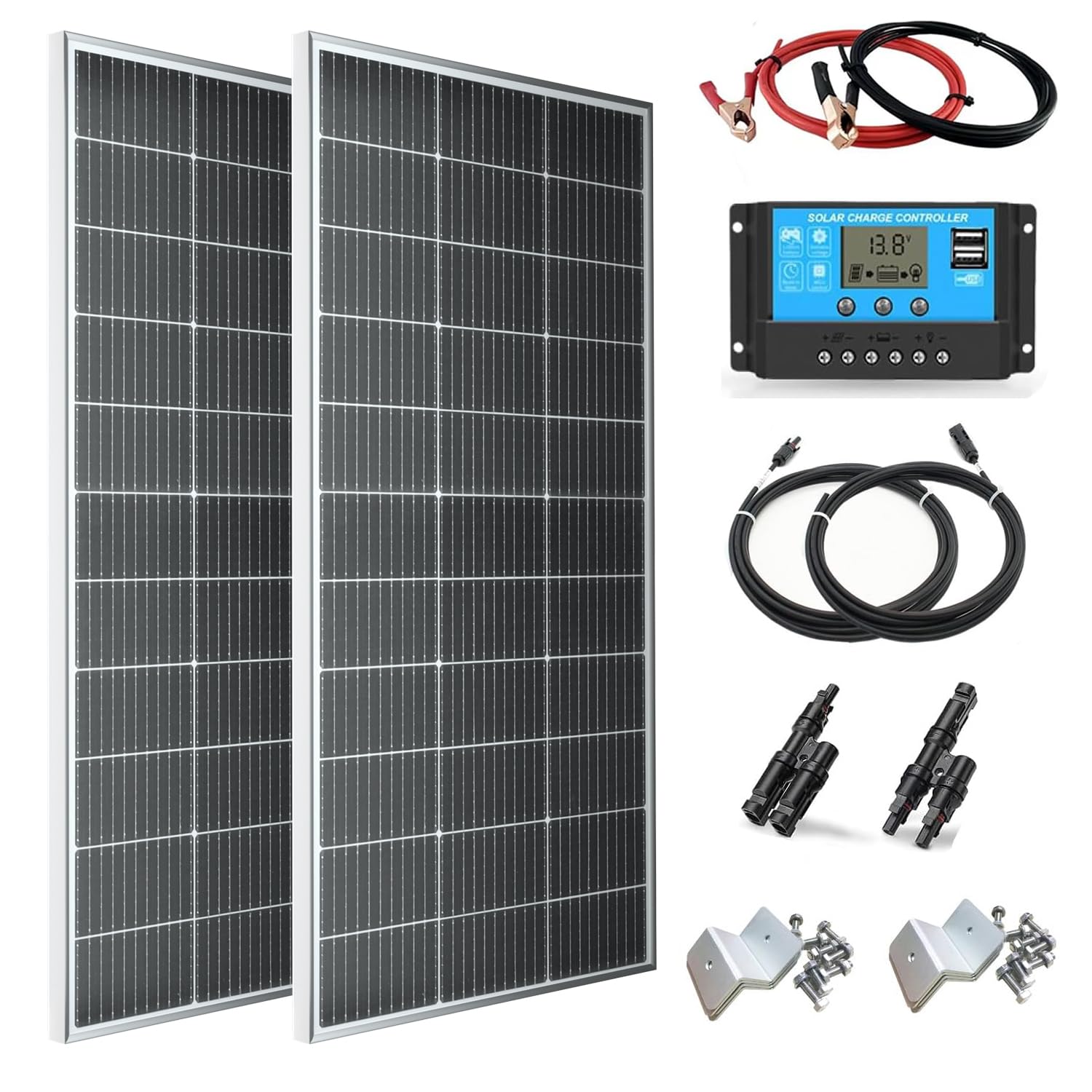 300W Solarpanel Kit Set 12V Monokristallines 2x150Watt Solarmodul+30A 12V/24V Solarladeregler + Solarkabel Solaranlage Wohnmobil Komplettset 12v für Batterien Häuser Balkon Wohnwagen Dach