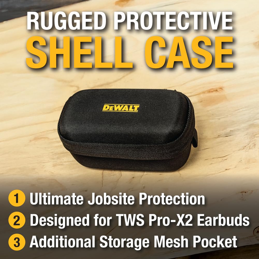 DEWALT Custodia protettiva per auricolari TWS Pro-X2 ANC, compatta e leggera, con custodia rigida in EVA, antiurto, impermeabile, interno morbido e tasca per accessori