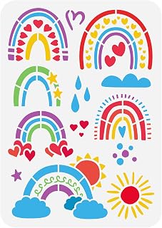 FINGERINSPIRE Rainbow Stencil 11.7x8.3inch Reusable Colorful Rainbow Stencil Cartoon Rainbow Painting Stencil Raindrops Sun Pattern Decoration Stencil for Painting on Wall, Furniture, Wood and Paper