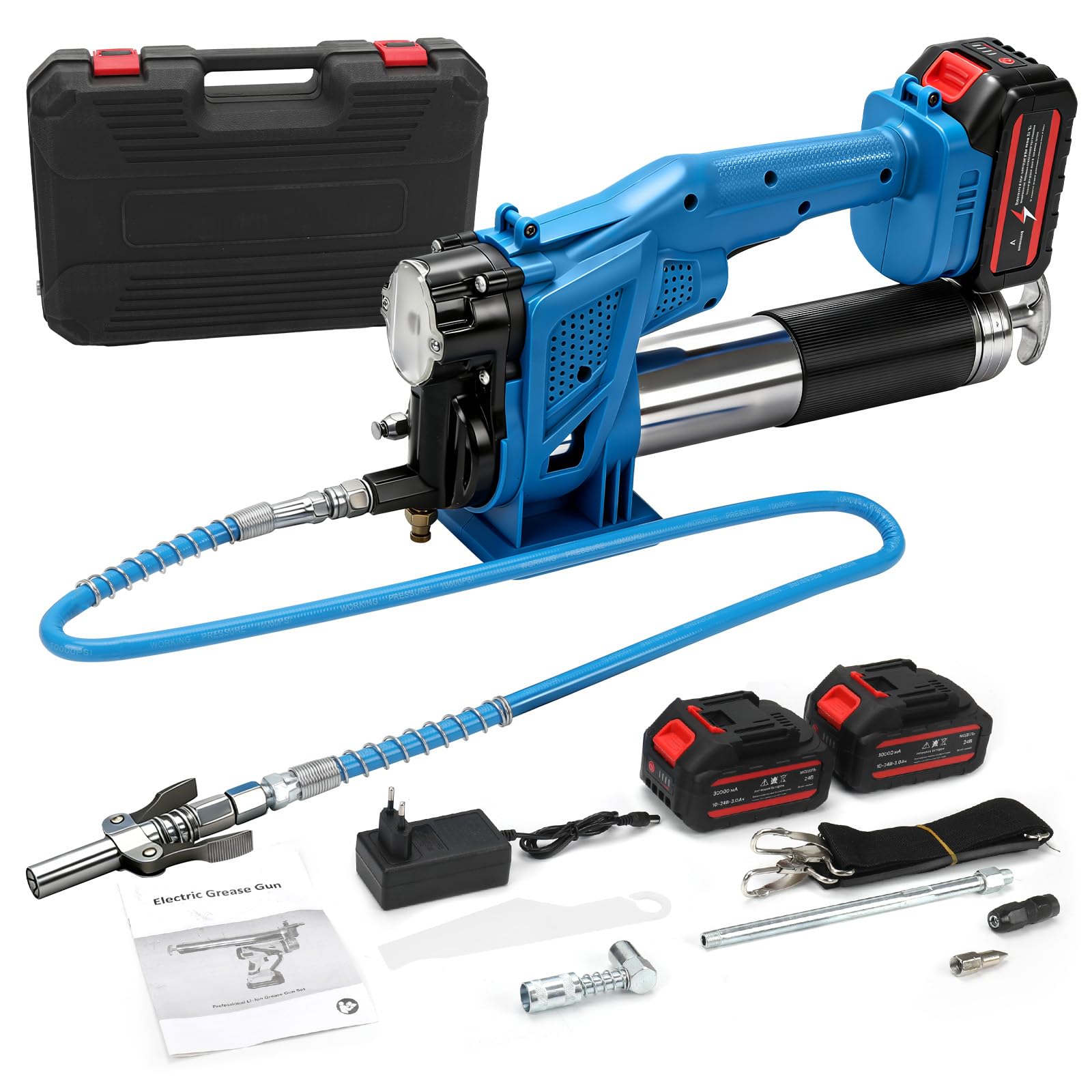 WingFly Engrasadora Batería, 12000 PSI y 4,6 oz/min, Pistola de Engrasar Eléctrica con 2 Baterías de 3000 mAh, Manguera de 39,4", Acoplador de 90° y 3 Puntas para Equipos Pesados (con batería)
