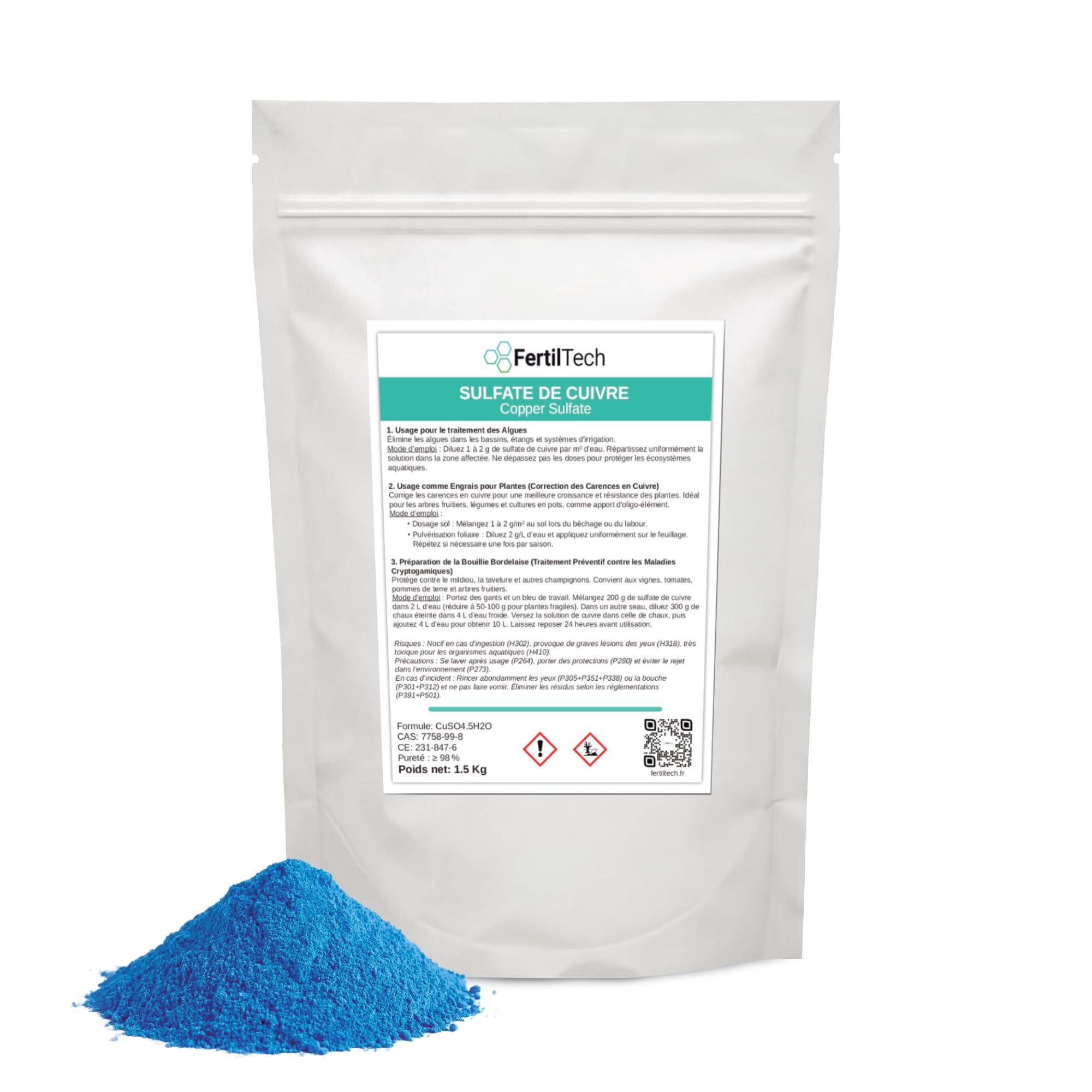 Sulfate de Cuivre 1,5 kg – Traitement algues, engrais plantes & préparation de solutions techniques | Qualité agricole & aquaponie