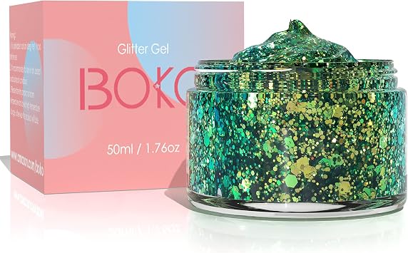 Boko 1.76oz Body Glitter Gel, Green St Patricks Day Chameleon Emerald Liquid Chunky Glitter Lotion Mermaid Sequins for Face Hair Body Makeup, Coachella St Patricks Day Mardi Gras Rave Accessories