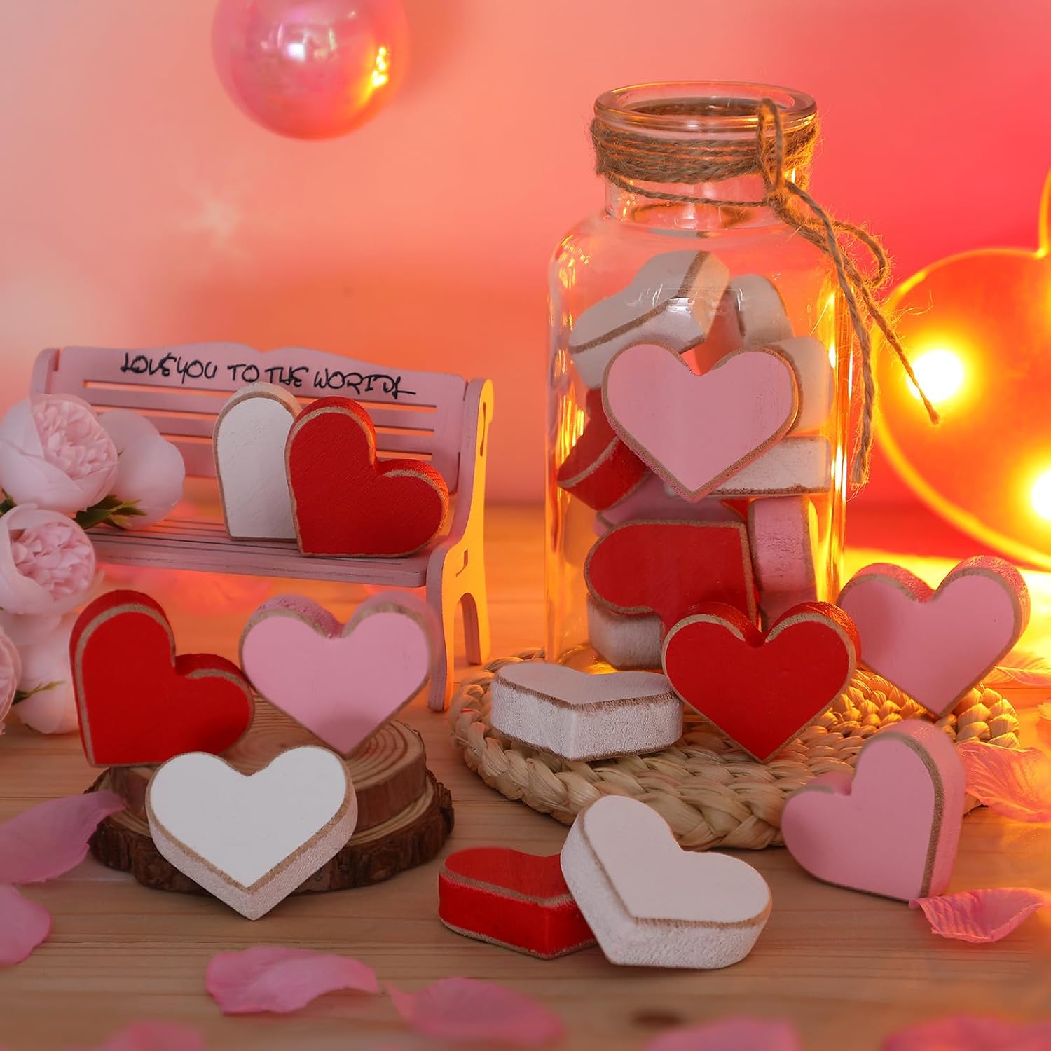 Roowest 24 Pcs Mini Valentine Wooden Heart Bowl Fillers Pink White Red Heart Shelf Table Decor Love Themed Tiered Tray Valentine's Day Gift for Wedding Anniversary Bridal Shower Accent