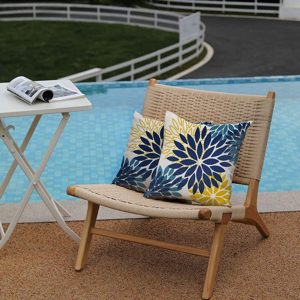 DFXSZ Blue Yellow Flower Pillow Covers 24x24 Inch Set of 2 Outdoor Throw Pillows Outdoor Waterproof Decor for Living Room Sofa Patio Funiture Garden Floral Polyester Pillow Covers 012D24