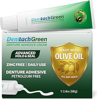 Denttach Green Denture Adhesive, Petroleum Free Olive Oil Based Denture Cream for Full and Partial Dentures, All Day Secure Hold Premium Denture Glue, Zinc Free, 2.4 Ounce