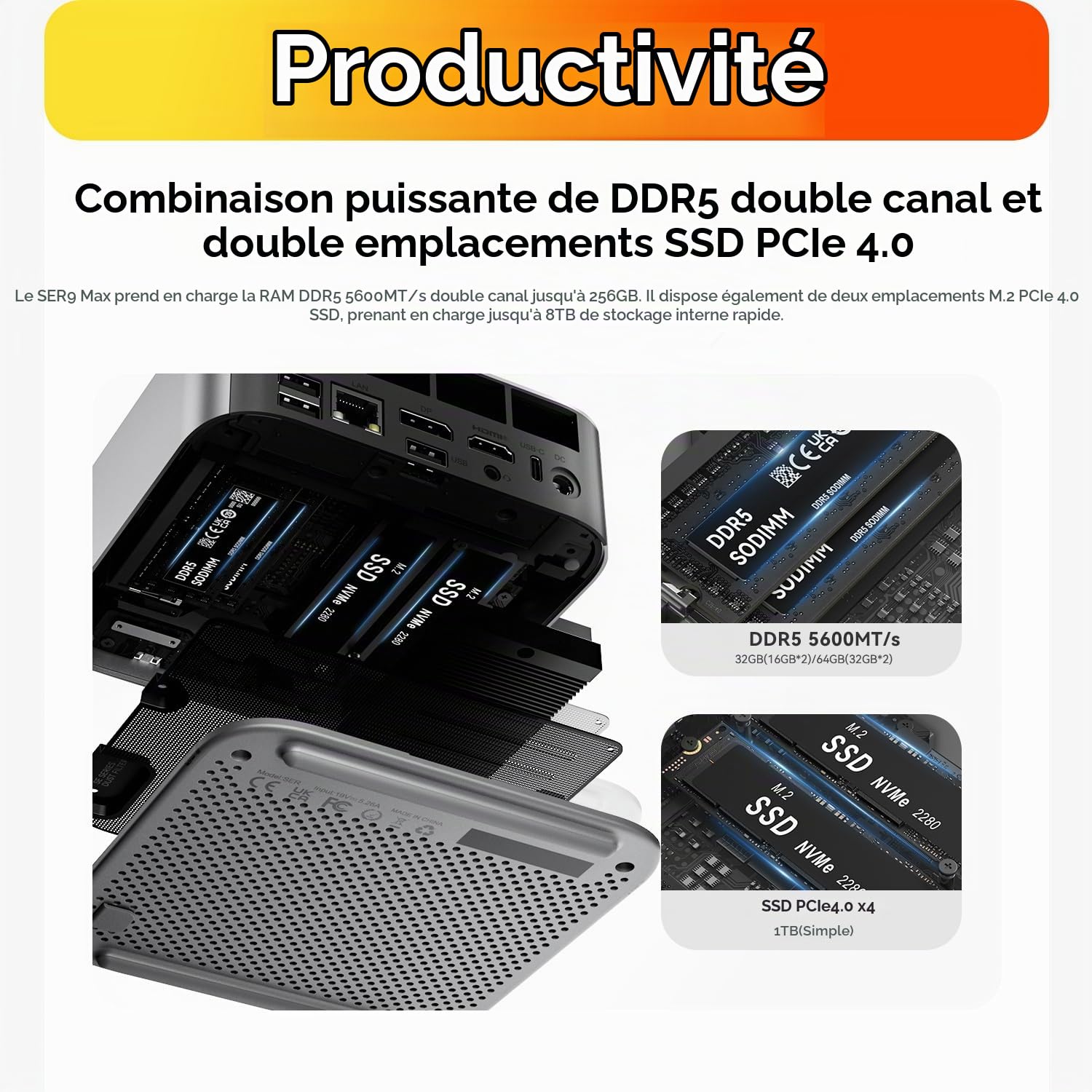 Beelink SER9 Max Mini PC, AMD Ryzen R7 260 (8C/16T jusqu'à 5.1 GHz), 64 Go de RAM DDR5, 1 to SSD, Mini-Ordinateur 4K à 240 Hz, Triple écran HDMI/DP/USB 4, BT5.2, Wi-FI 6, LAN 10 Gbps