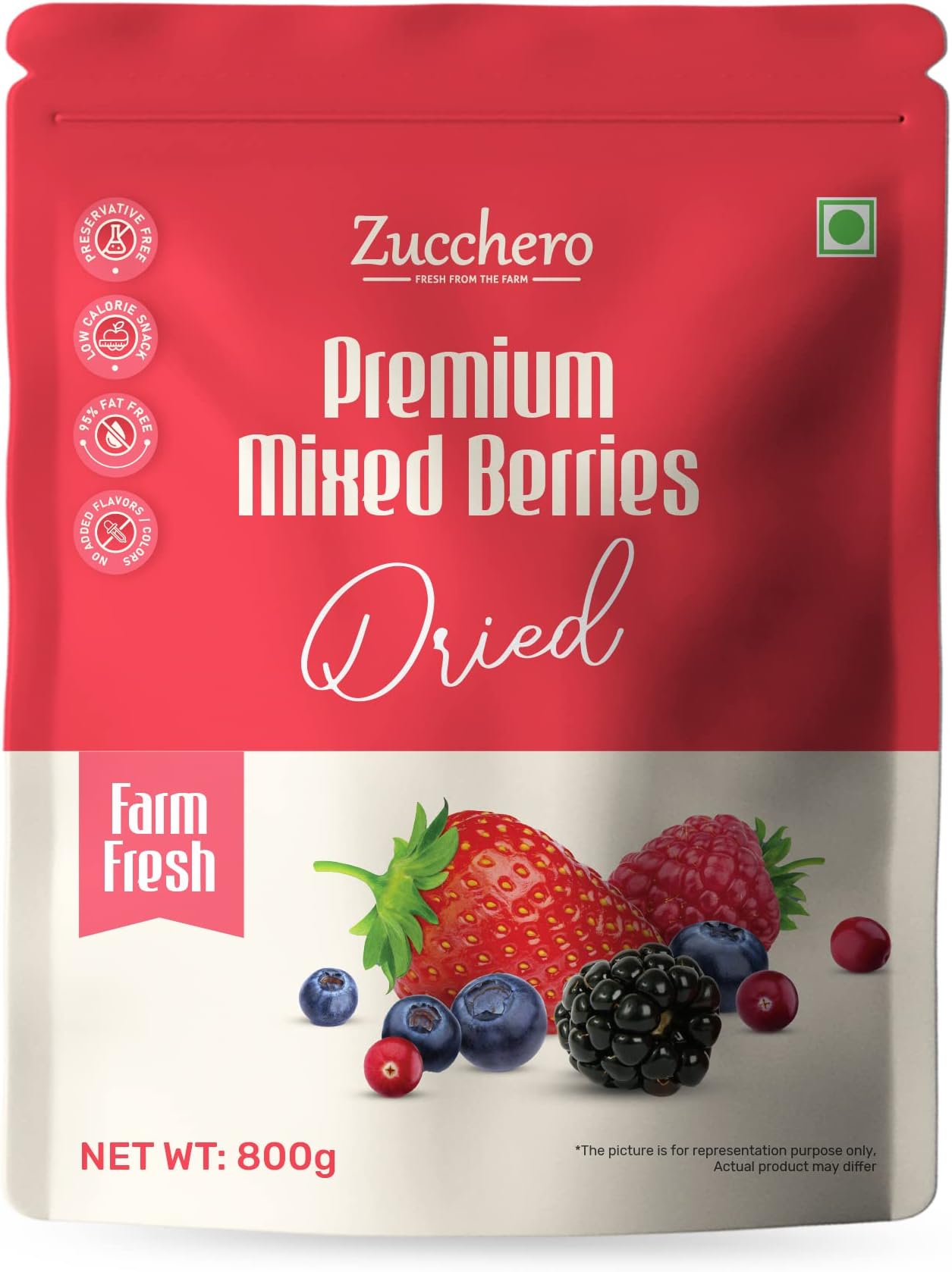 Zucchero Premium Dried Berries Mix( 5 superfood in 1 ),800G(Mega Saver Pack)(Blueberry,Cranberry,Black Currant,Strawberry,Cherry)|100% Berries|No Raisins|Low Calories|99% Fat Free|Antioxidant Mix