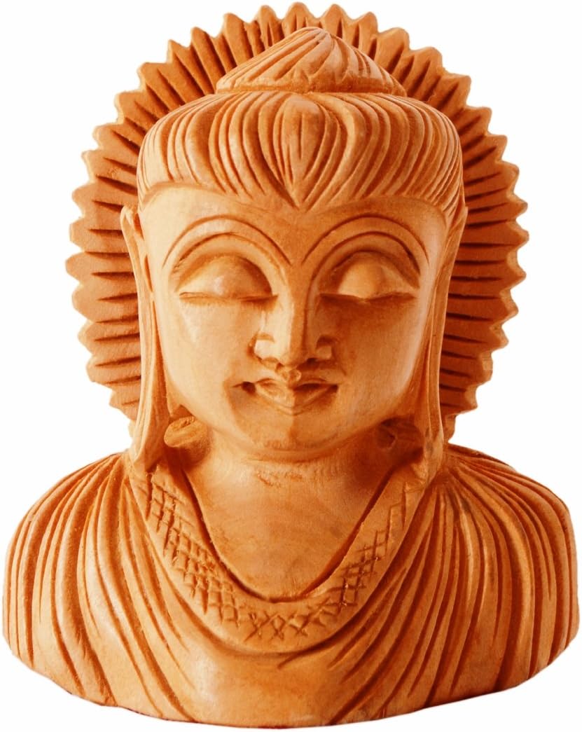 Purpledip Wooden Buddha Bust With Chakra: Finely Carved By Master Craftsmen (11251), Golden, Standard