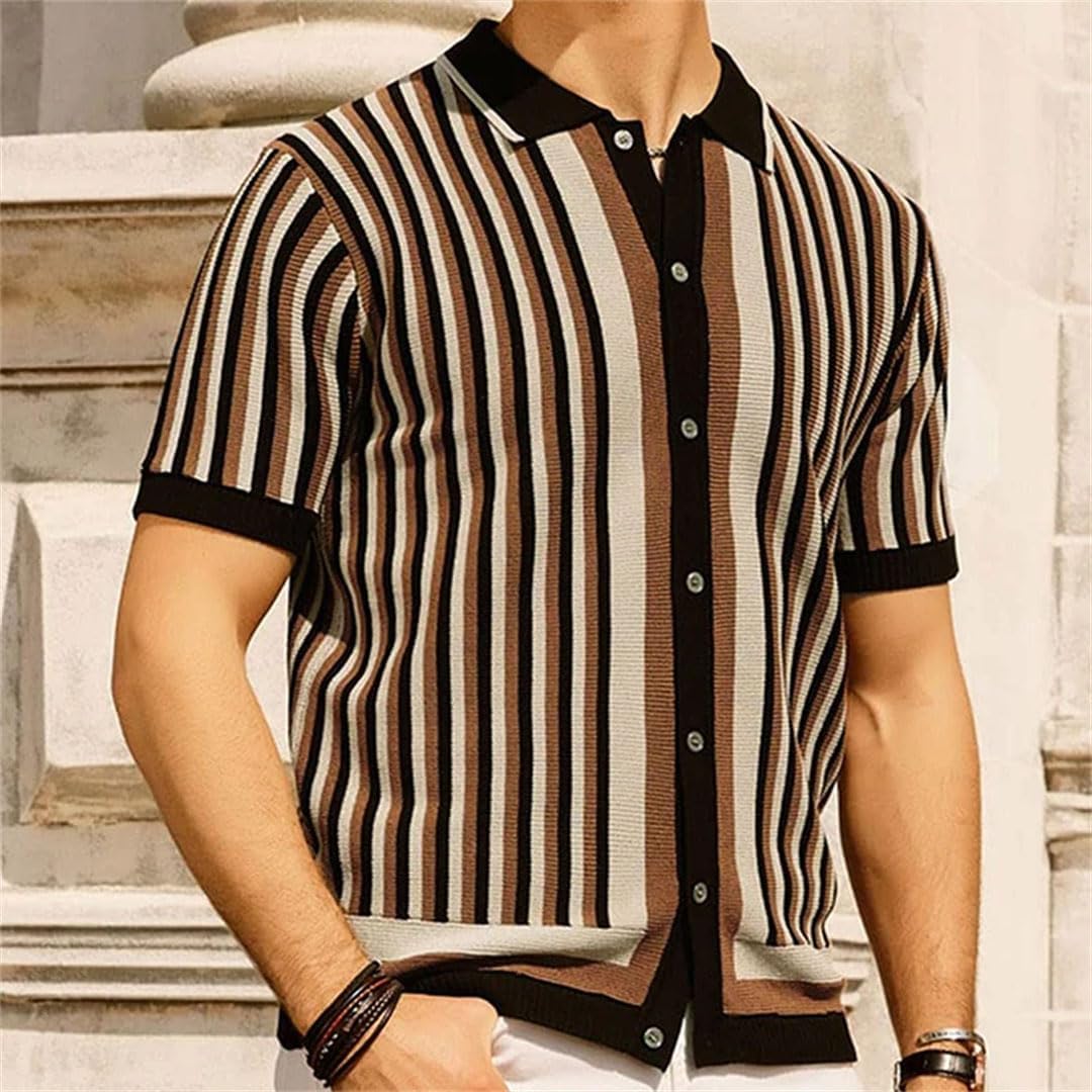 Men’S Loose Fit Striped Knitted Polo Cardigan Short Sleeve Button-Down Luxury Fashion Top Tee