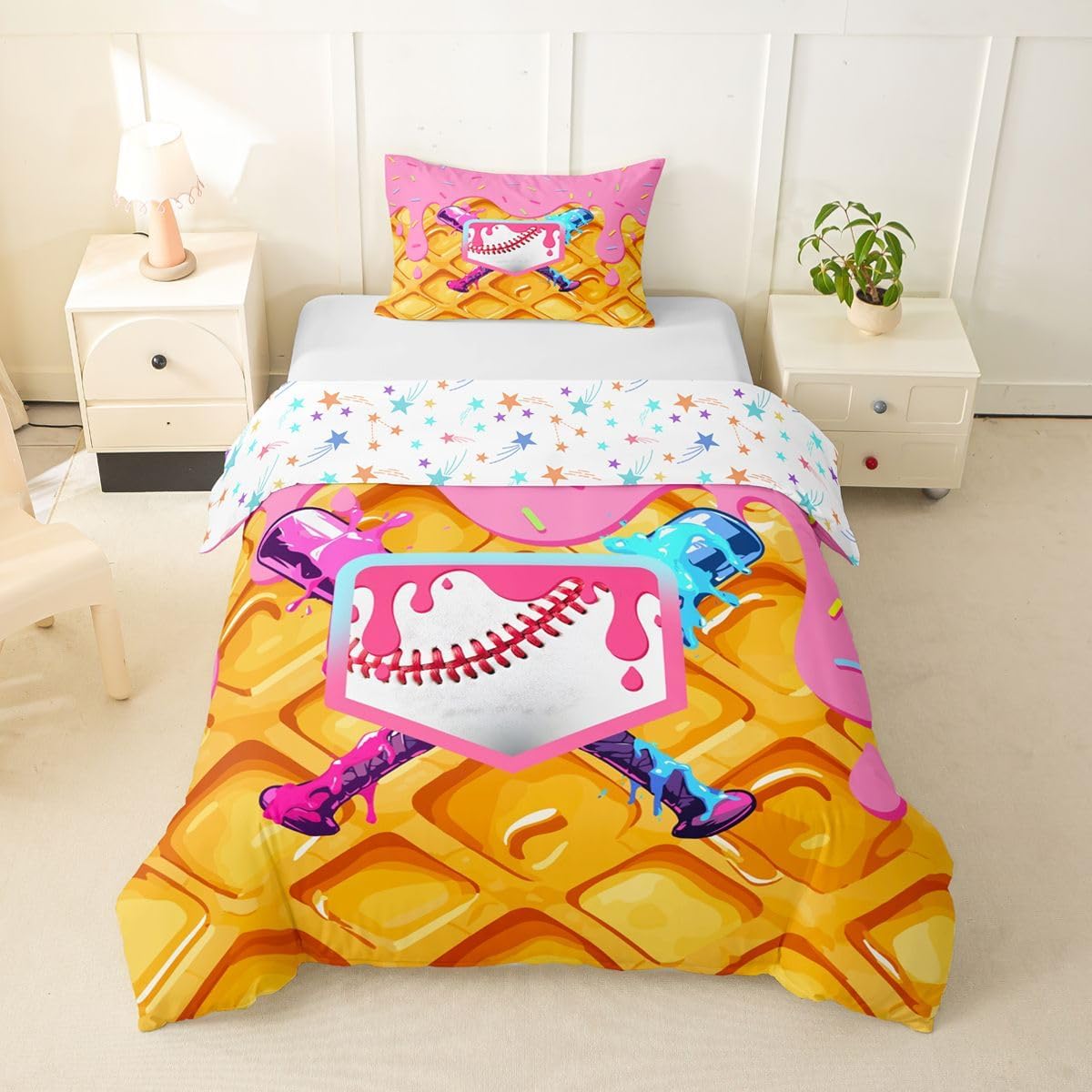 jejeloiu Baseball Duvet Cover Toddler Size Waffle Ice Cream Drip Comforter Cover for Boys Girls Donut Sprinkles Bedding Set 2Pcs Baseball Gaming Room Decor Coquette Aesthetic