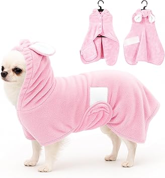 Pet Bathrobe Towel Dog Cat Drying Coat Super Absorbent Cute Dogs Bath Towel Hooded Robe Adjustable Collar & Belly Strap for XSmall to XLarge Pets Pink, S