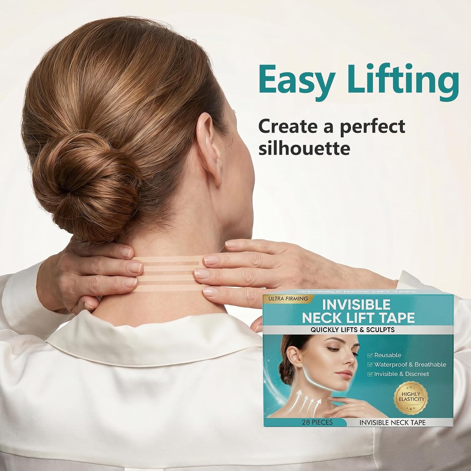 Neck Lift Tape, 28 PCS Invisible Neck Tape Lifting for Double Chin & Sagging Skin, Waterproof High Elastic Face Lift Straps for Women