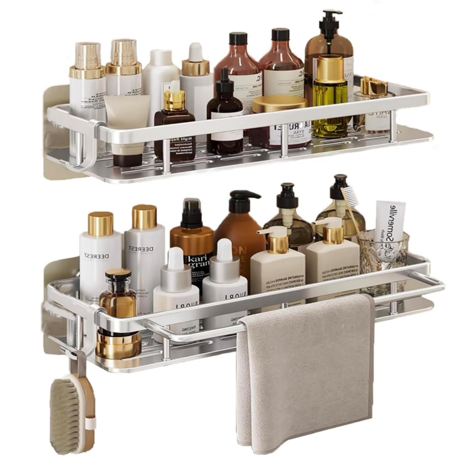 Frundoo 2 Piezas Estanteria Baño,Estanteria Ducha sin Taladro, Gran Capacidad Organizador Bañode y con 2 Ganchos y Pegatinas para Baño Para Cocinas y Baños-Plata