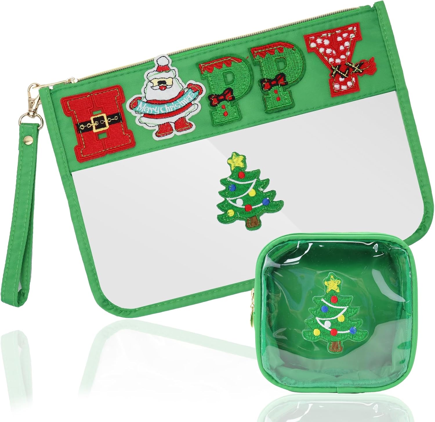 2 Pcs Christmas Gifts Cosmetic Makeup Bag with Chenille Letter Patch,with Handles PVC Waterproof Clear Makeup Bag,Portable Toiletry Storage Bag