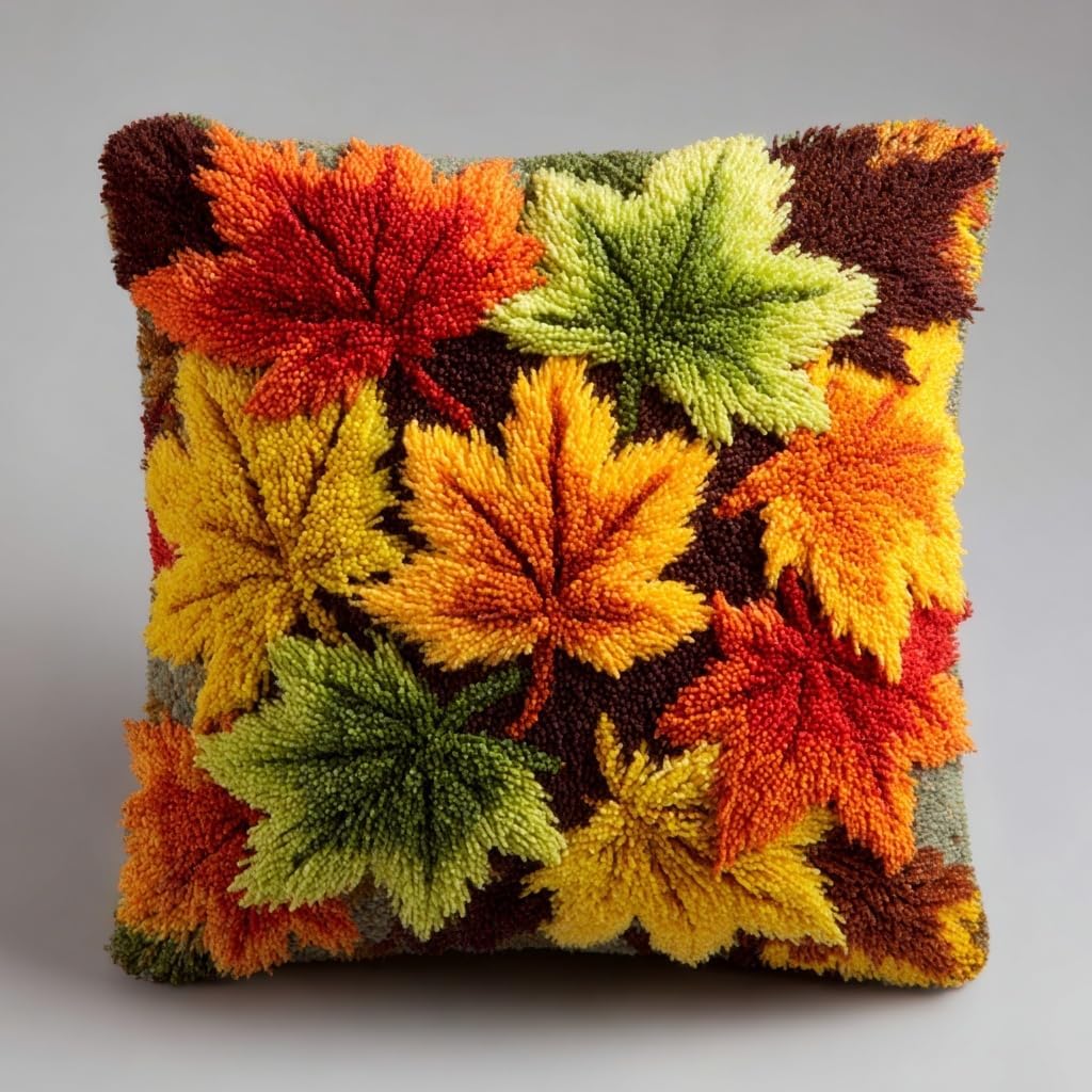 Latch Hook Pillow Kit Autumn Maple Leaves 43x43cm-2 | Printed Canvas Pillow Cover Already Sewed DIY Embroidery Pillowcase Crochet Yarn Hooking Craft Set for Hobby and Home Decor