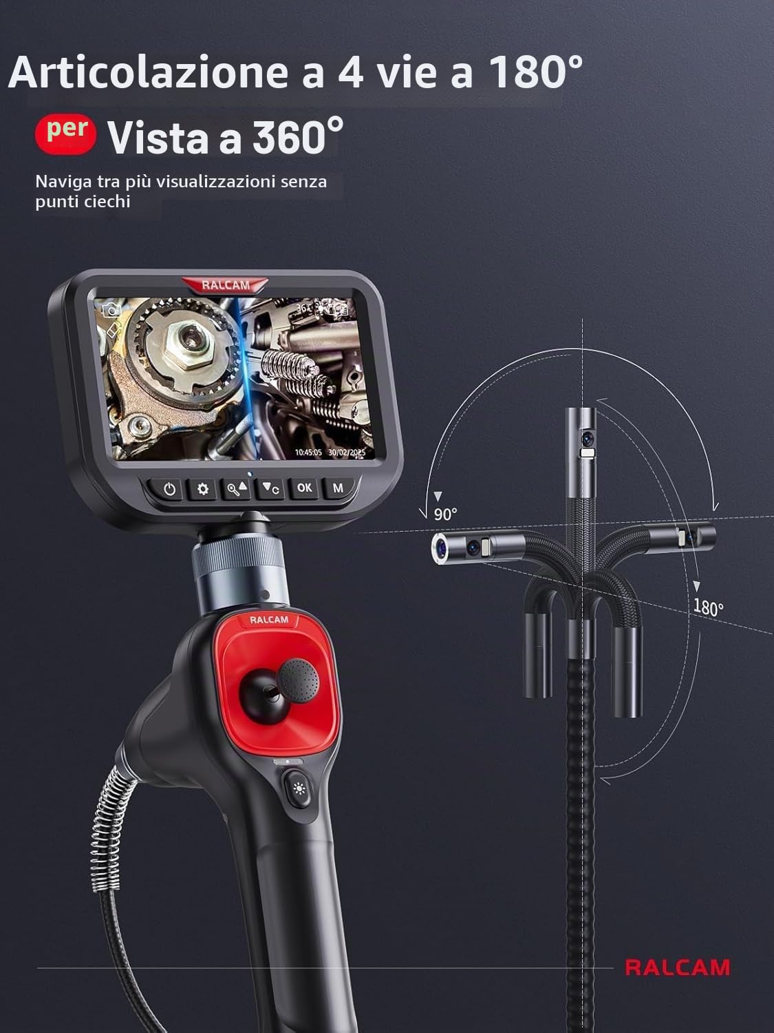 Ralcam Telecamera Endoscopica 360° a Doppio Obiettivo, Schermo HD da 5", Sonda da 6,5 mm, Impermeabile IP67, con 6+1 LED e Cavo Semirigido da 1,5 m per Ispezione di Tubi e Motori