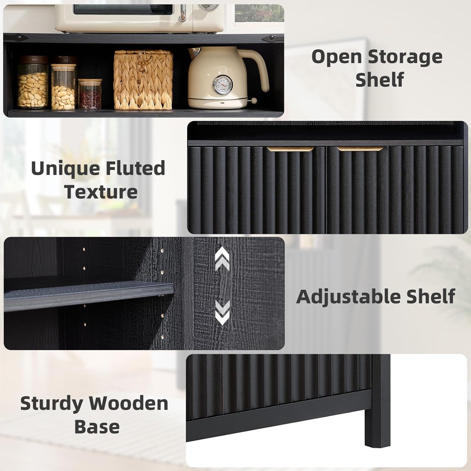 BuildHom 32 Inch Sideboard Buffet Cabinet with 2 Doors, Fluted Coffee Bar with Adjustable Shelf, Modern Accent Storage Cabinet for Kitchen, Entryway, Living Room Black Oak