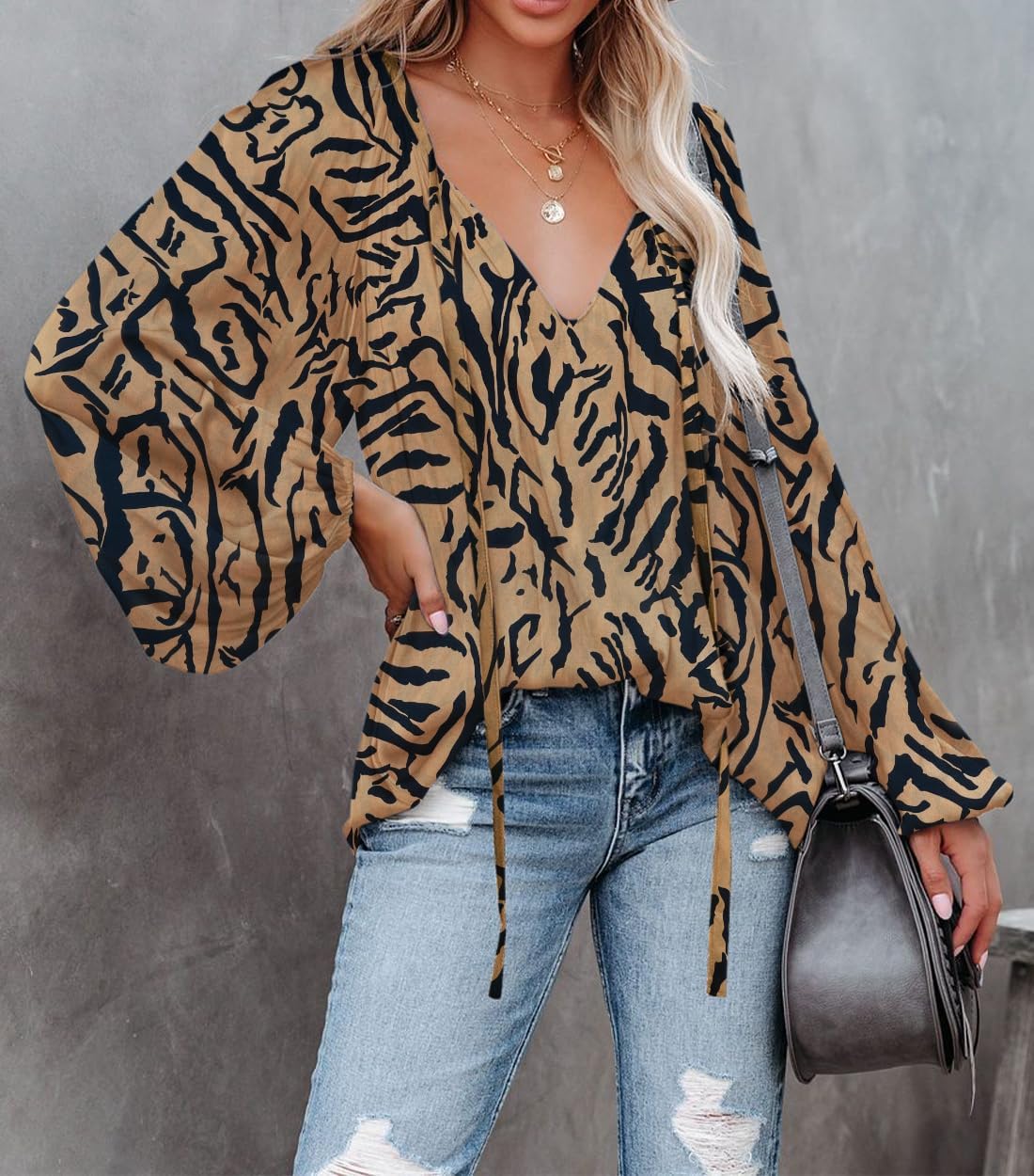 LAMISSCHE Womens Sexy Deep V Neck Blouse Lantern Long Sleeve Chiffon Shirt Oversized Drawstring Silk Satin Tunic