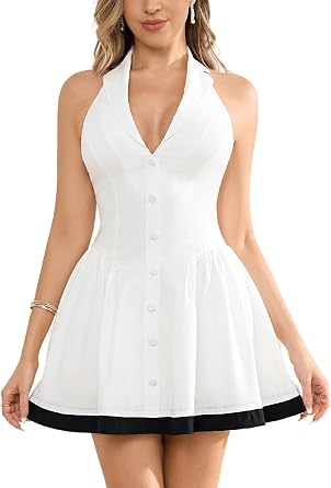 Parthea Women Sexy Backless Short Dress Halter Deep V Neck Ruffle Layer A Line Party Club Mini Dress