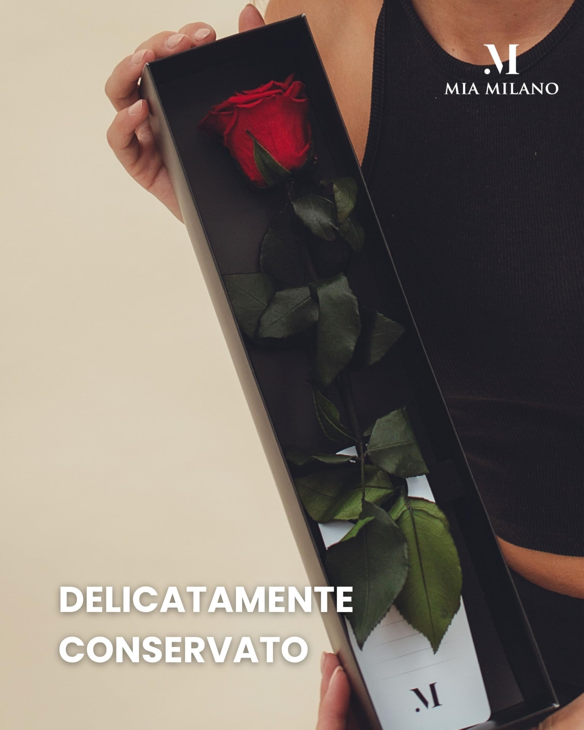 Mia Milano Rosa rossa con gambo lungo (durata 5 anni) in scatola regalo | Regalo decorativo per lei | Fiore conservato con profumo di rosa | Inclusa cartolina regalo