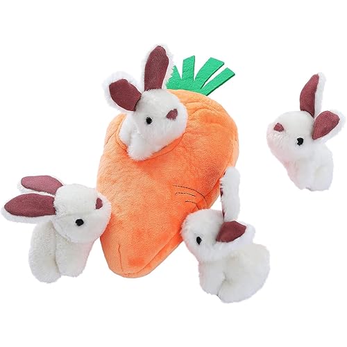 Amazon Basics Hide and Seek Squeaky Dog Plush Toy, Rabbit and Carrot, Orange and White, 5 Pack