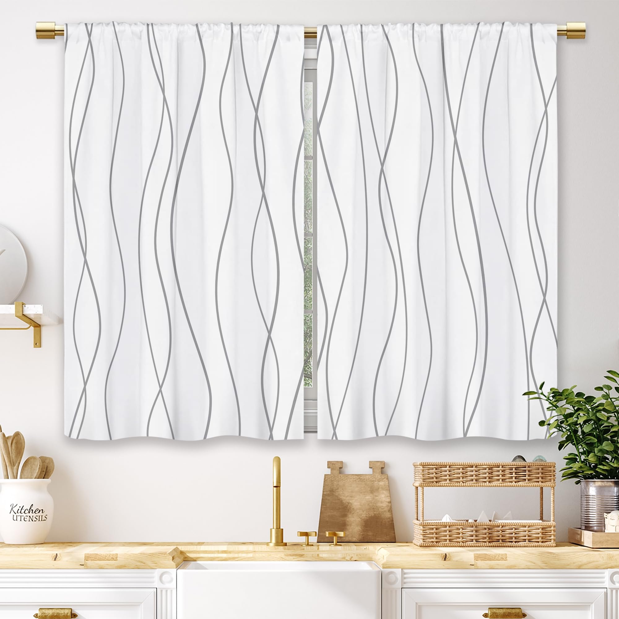 Laifzere Grey and White Striped Kitchen Window Curtains Modern Rod Pocket Tier Curtains 2 Panels (27.5x39 Inch) — image 1