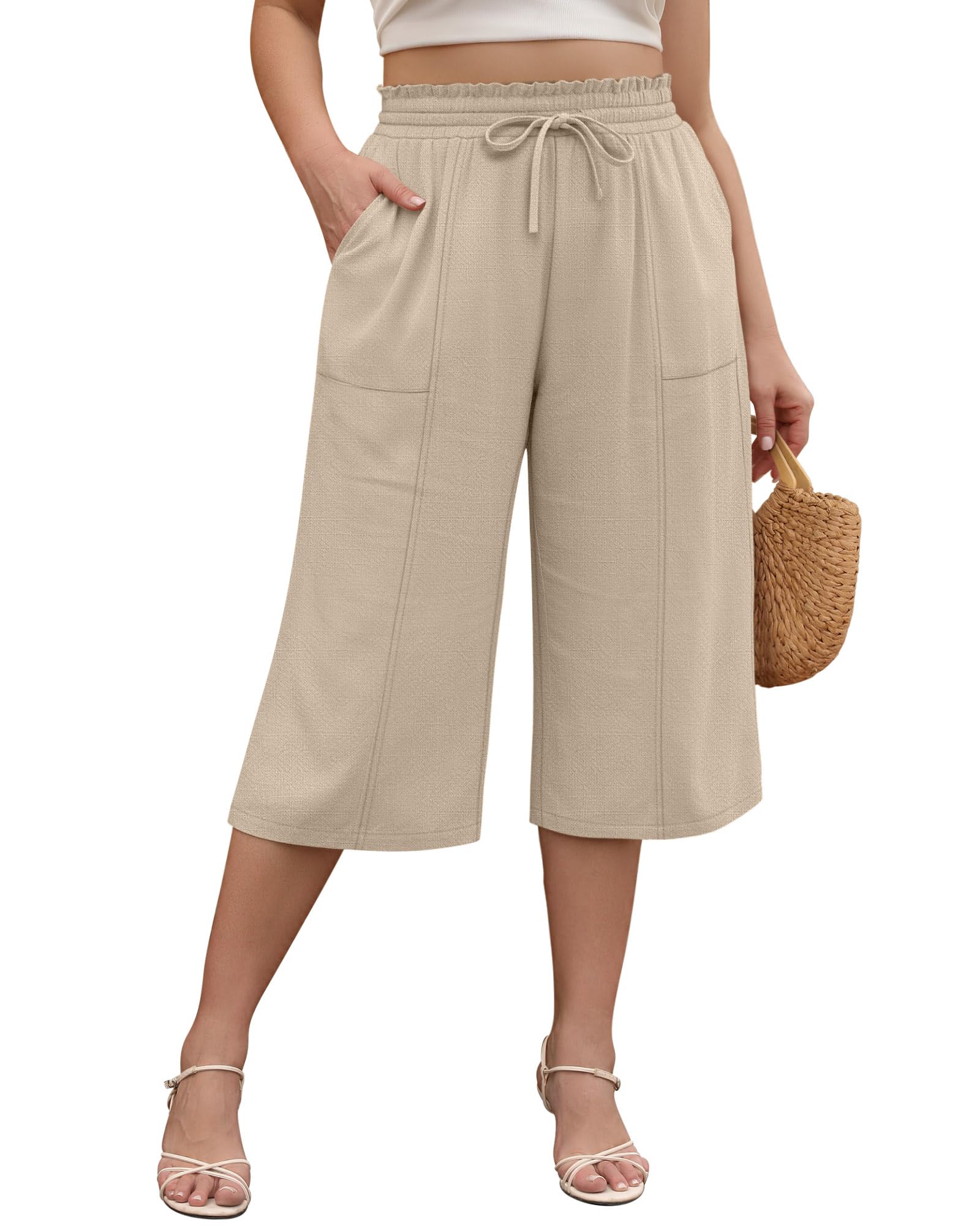 Ficerd Womens Plus Size Linen Capris with Pockets Wide Leg Elastic Drawstring High Waisted Beach Casual Loose Cropped
