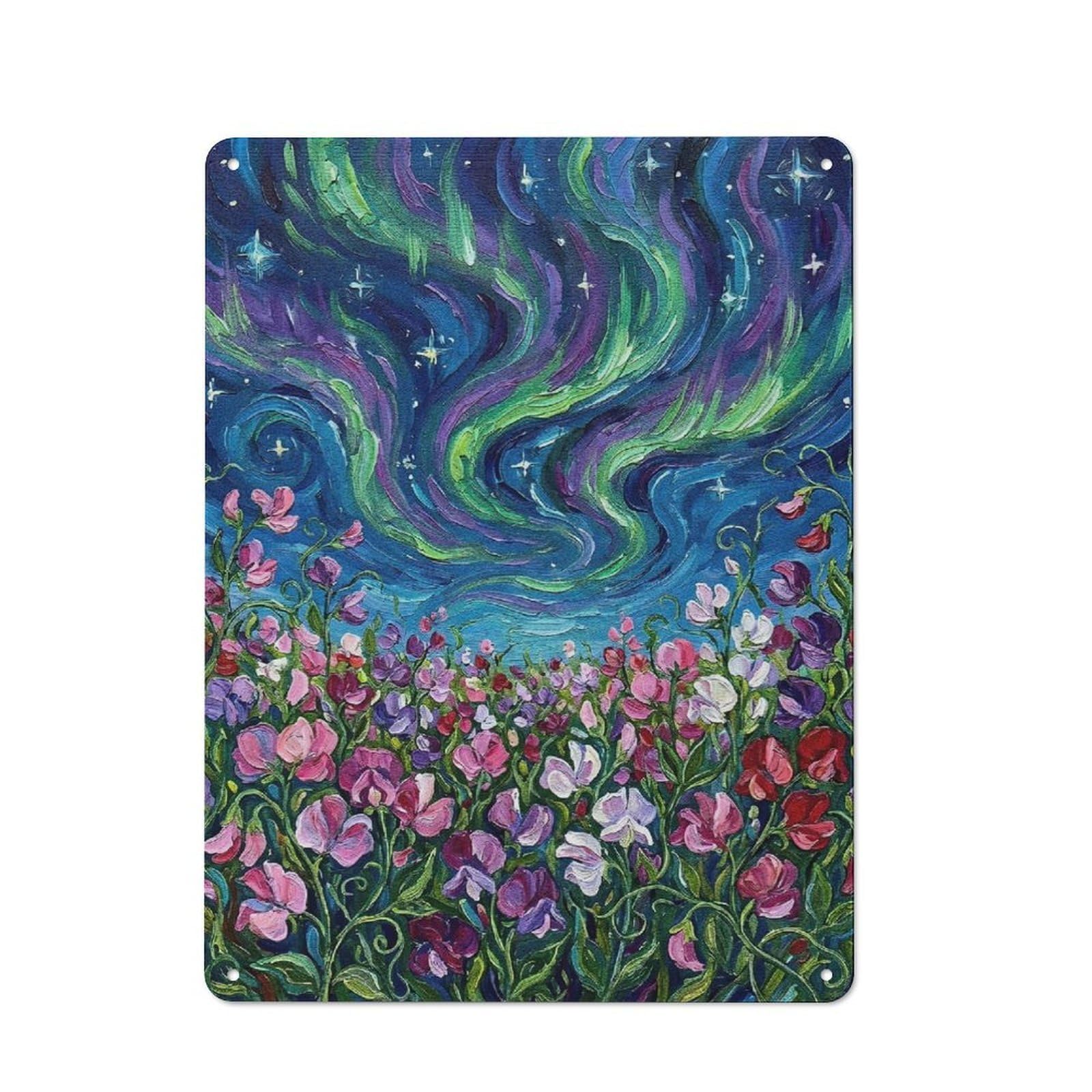 Junmoney Style-7 Floral Field Under Aurora Borealis Painting Classic Metal Wall Decor 40X30cm, Office Metal Sign For Workspace, Cafe, Shop Or Desk Area
