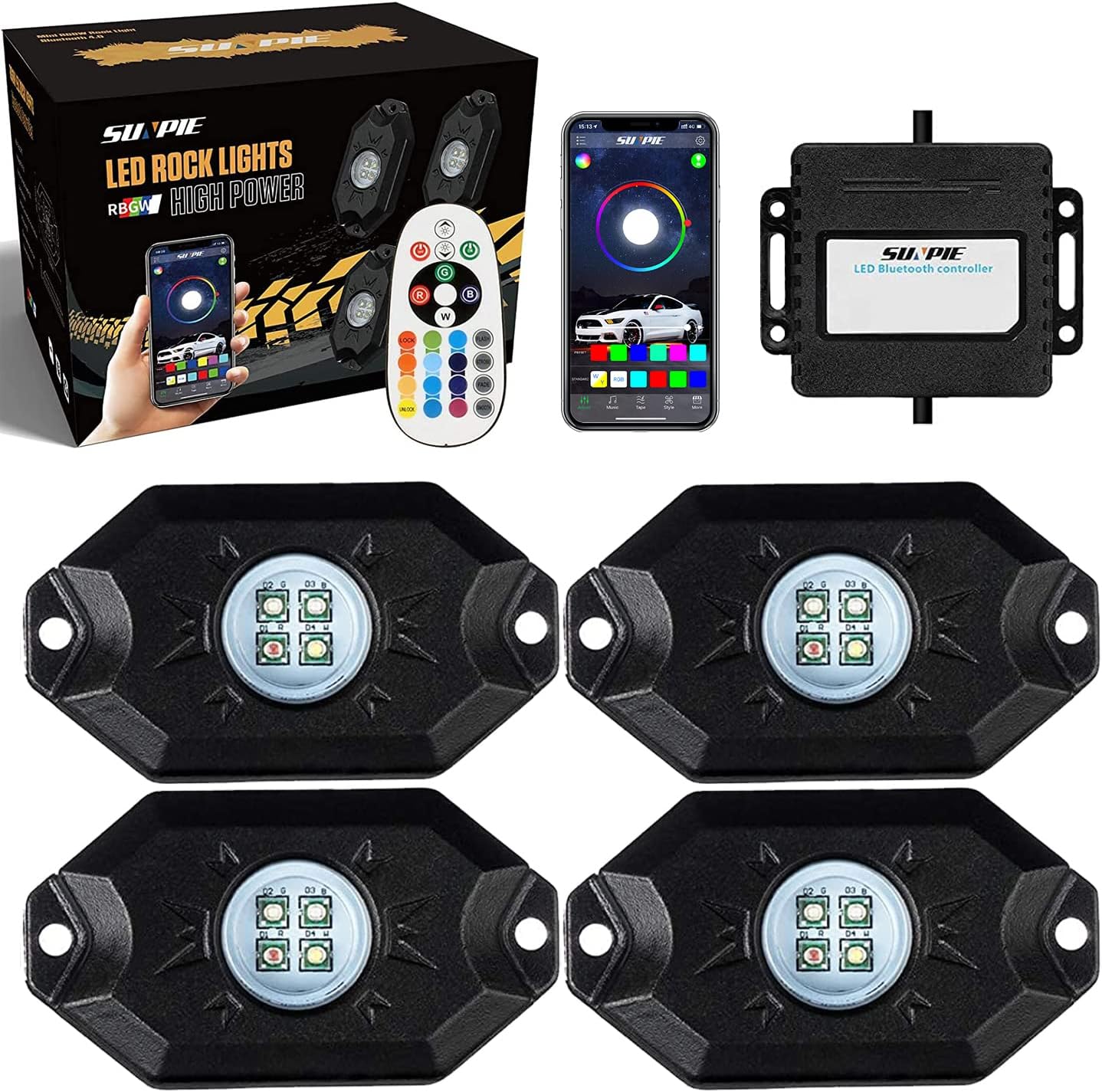 SUNPIE RGBW Rock Lights, 4 Pods Aluminium Metal LED Underglow Light Kit App RF Remote Control Voice Mode Music Mode Multicolor Wheel Well Lights for Off Road Trucks SUV ATV UTV Trailer Boats