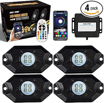 SUNPIE 4 Pods RGBW Rock Lights Aluminium Metal Underglow Light Kit App RF Voice Mode Music Mode Multicolor Wheel Well Lights for Off Road Trucks SUV ATV UTV Trailer Boats