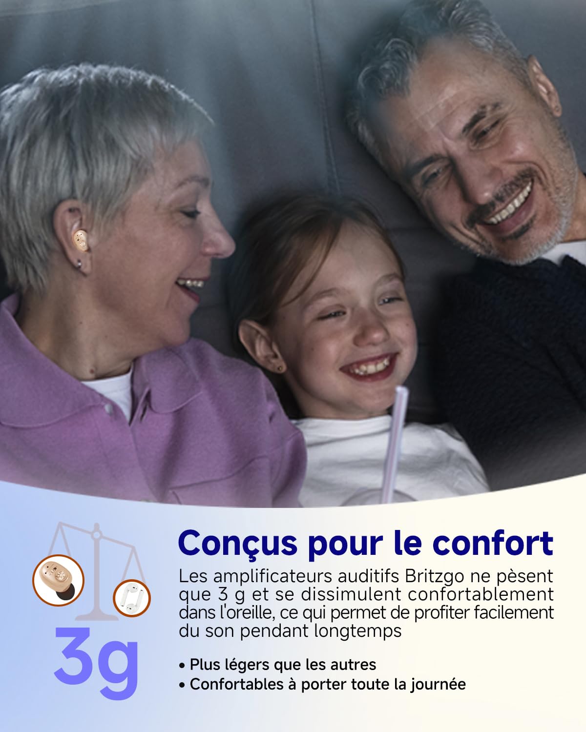 Britzgo Amplificateur de Son -1607， avec Réduction Intelligente du Bruit, Étui de Charge Mobile, Design Ergonomique en L, Autonomie de 48 Heures, Charge USB pour Usage Quotidien (teint)