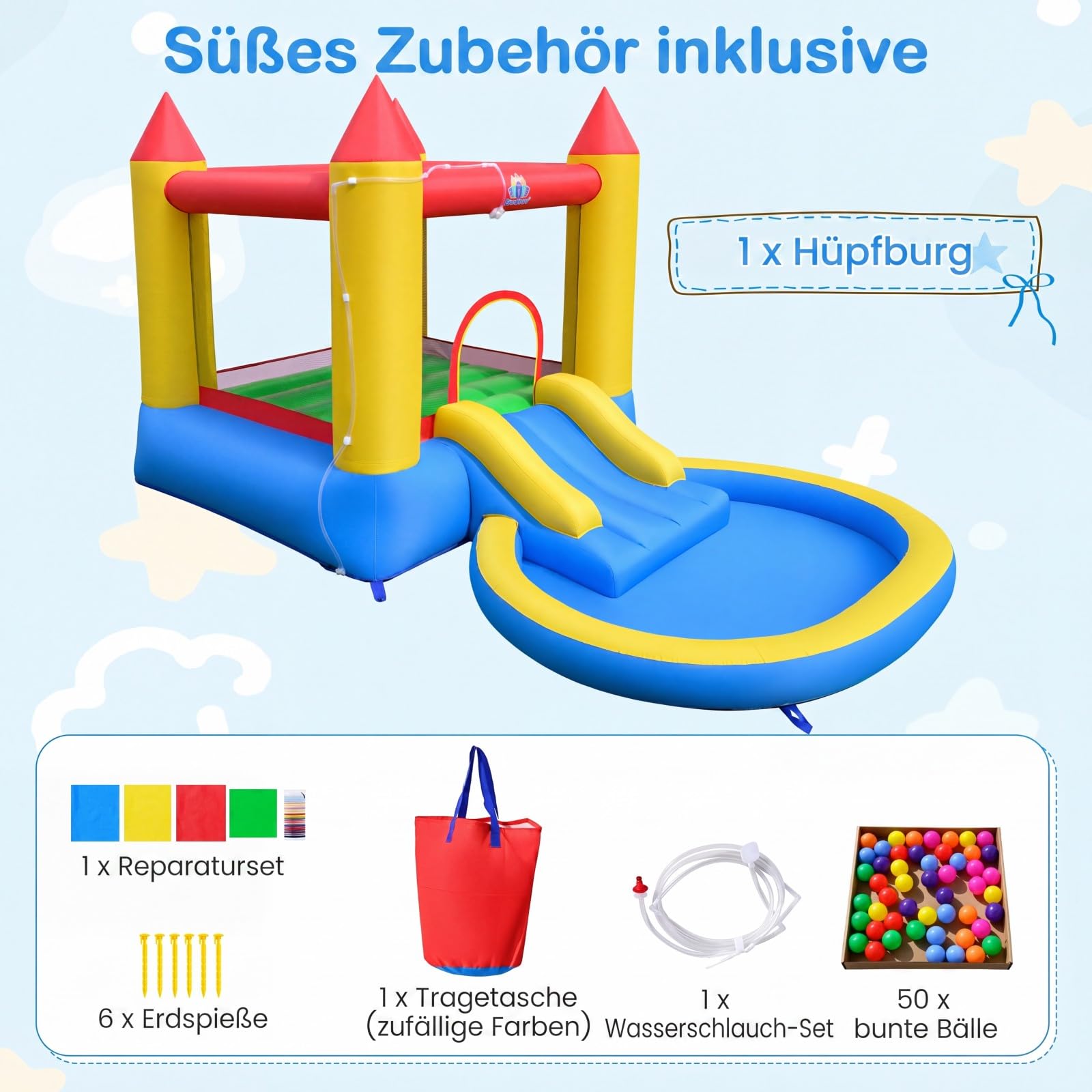 COSTWAY Hüpfburg mit Rutsche, Sprungbereich & Planschbecken, Bouncy Castle für Kinder, Innen- und Außenbereich, 362 x 196,5 x 193 cm