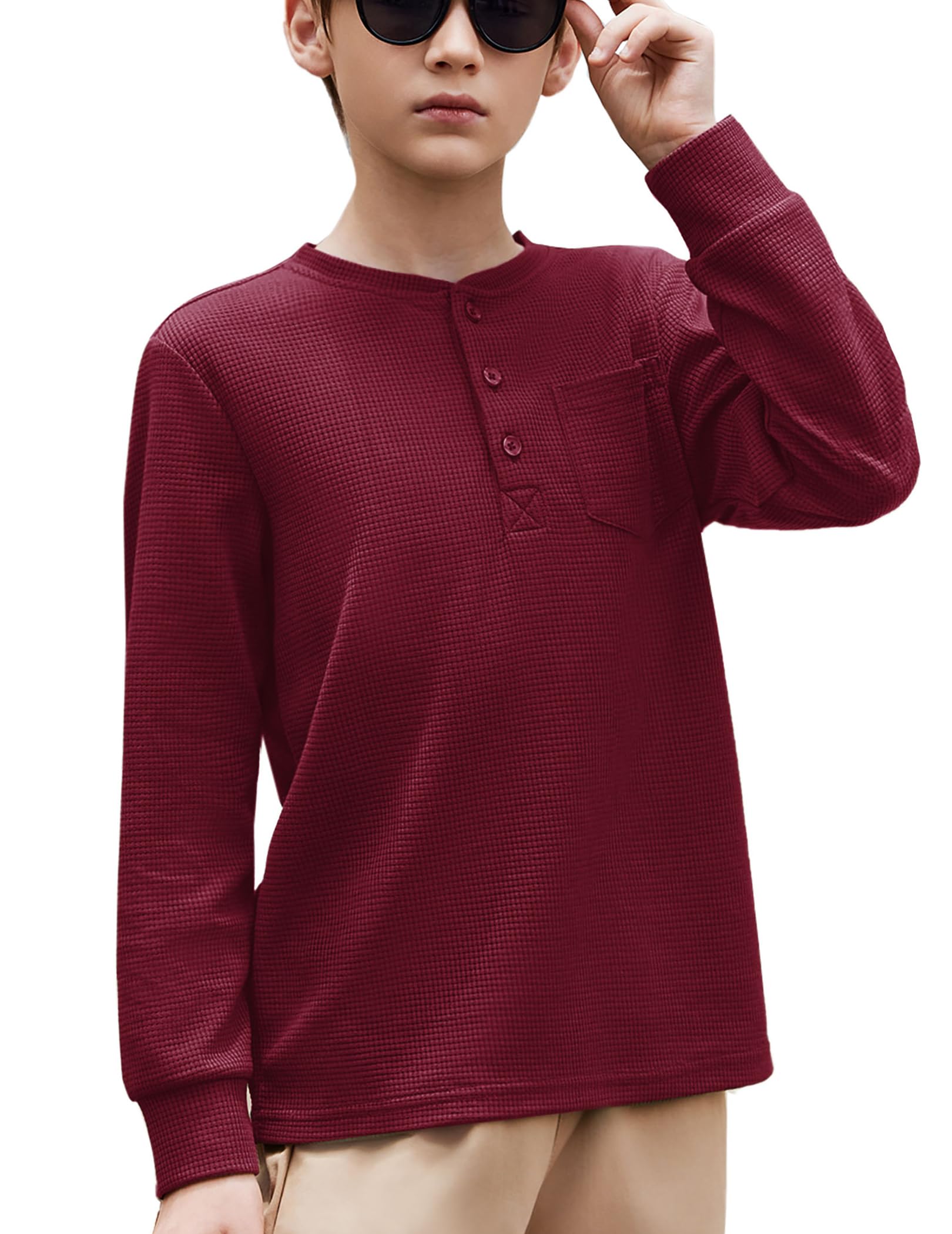 Arshiner Jungen Langarmshirt Henleyshirt Kinder Einfarbig Oberteile Top Frühling Herbst Winter Basic Langarm Freizeit Tshirts mit Brusttasche für Junge 5-12 Jahre
