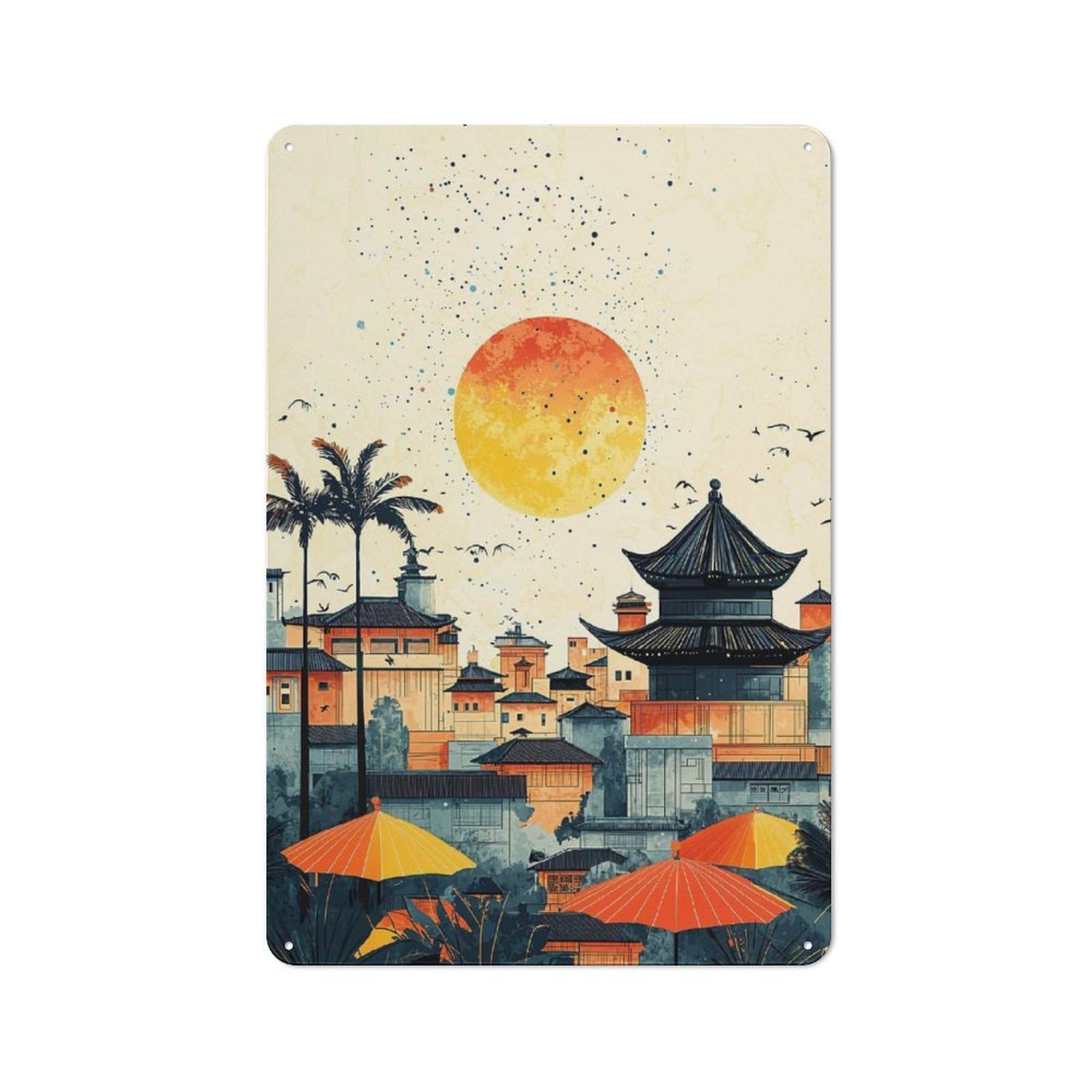 Junmoney Sunset Over Asian Cityscape Tin Wall Plaque 30X20cm With For Garage Or Workshop, For Living Room, Hallway And Entrance Wall Decor