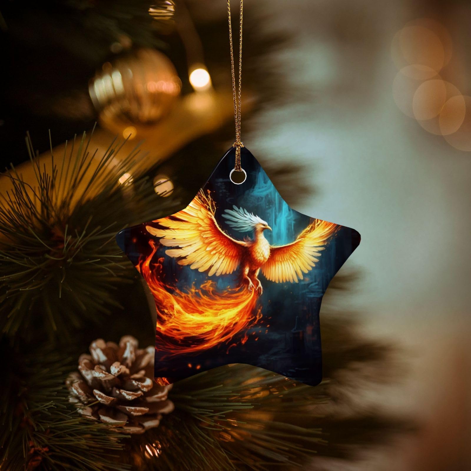 Christmas Ornaments for Christmas Tree Decoration Hanging Beautiful Phoenix Ornament with Gold Ribbon Crafts Star Shape Ceramic Pendant for Keepsake Gifts Xmas Decor Party Supplies