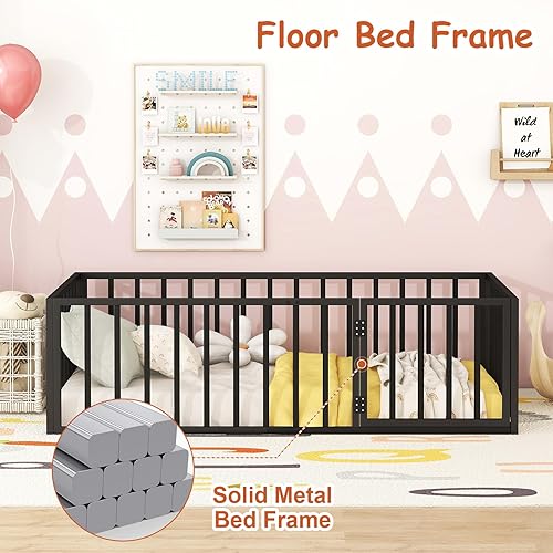 Miniatura 3 de Montessori - Cama de suelo individual, marco de cama con valla de metal para niños con puerta, tamaño individual, listones de plataforma con rieles
