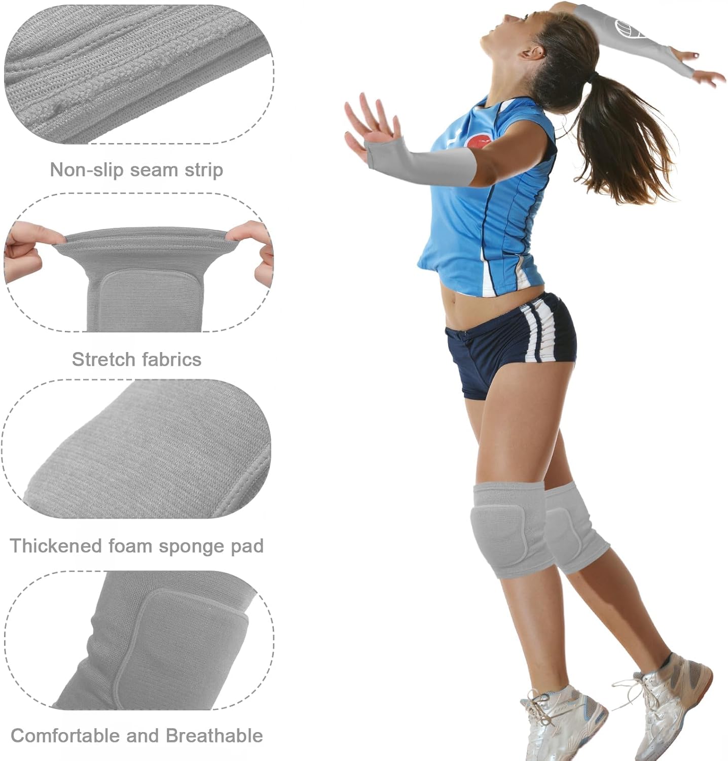 Sosation 2 Set Volleyball Knee Pads and Volleyball Arm Sleeves with Protection Pad Compression Forearm Wrist Guard with Thumb Hole Soft Breathable for Hitting Passing