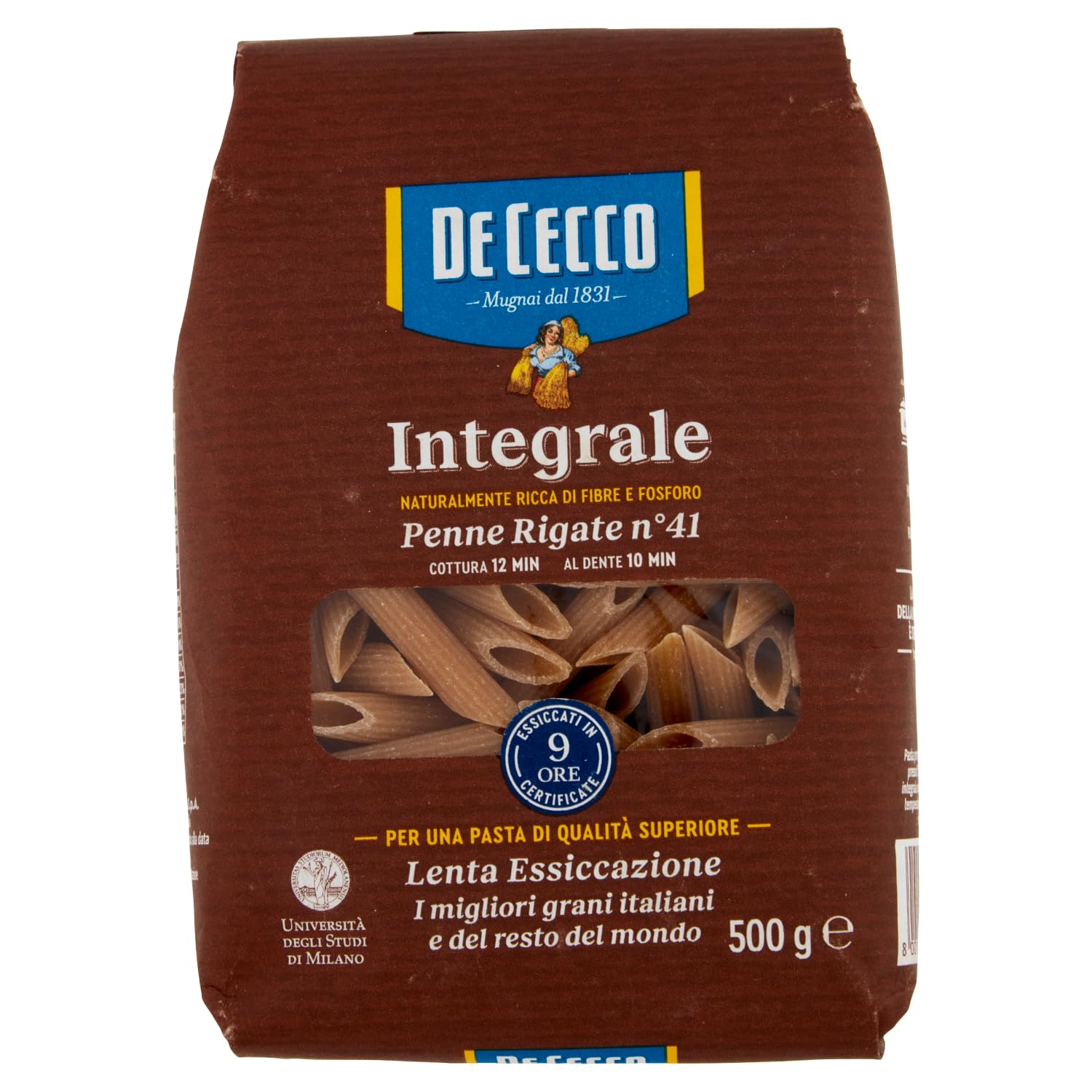 De Cecco Pasta Integral Penne Rigate n°41 – 4 x 500 g – Trigo completo italiano, rico en fibras, secado lento, cocción 12 min (10 min al dente)+ Italian Gourmet polpa 400g