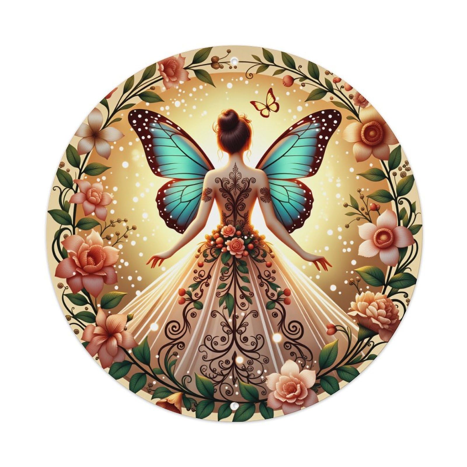 Wmlzdnwr Vintage Fairy Wings Floral Dress Butterflies Roses Leaves Sunlight Round Tin Sign,Retro Wall Art,Metal Poster For Home, Bar, Garage, Cafe, Rustic Indoor & Outdoor Decor, 8X8 Inches