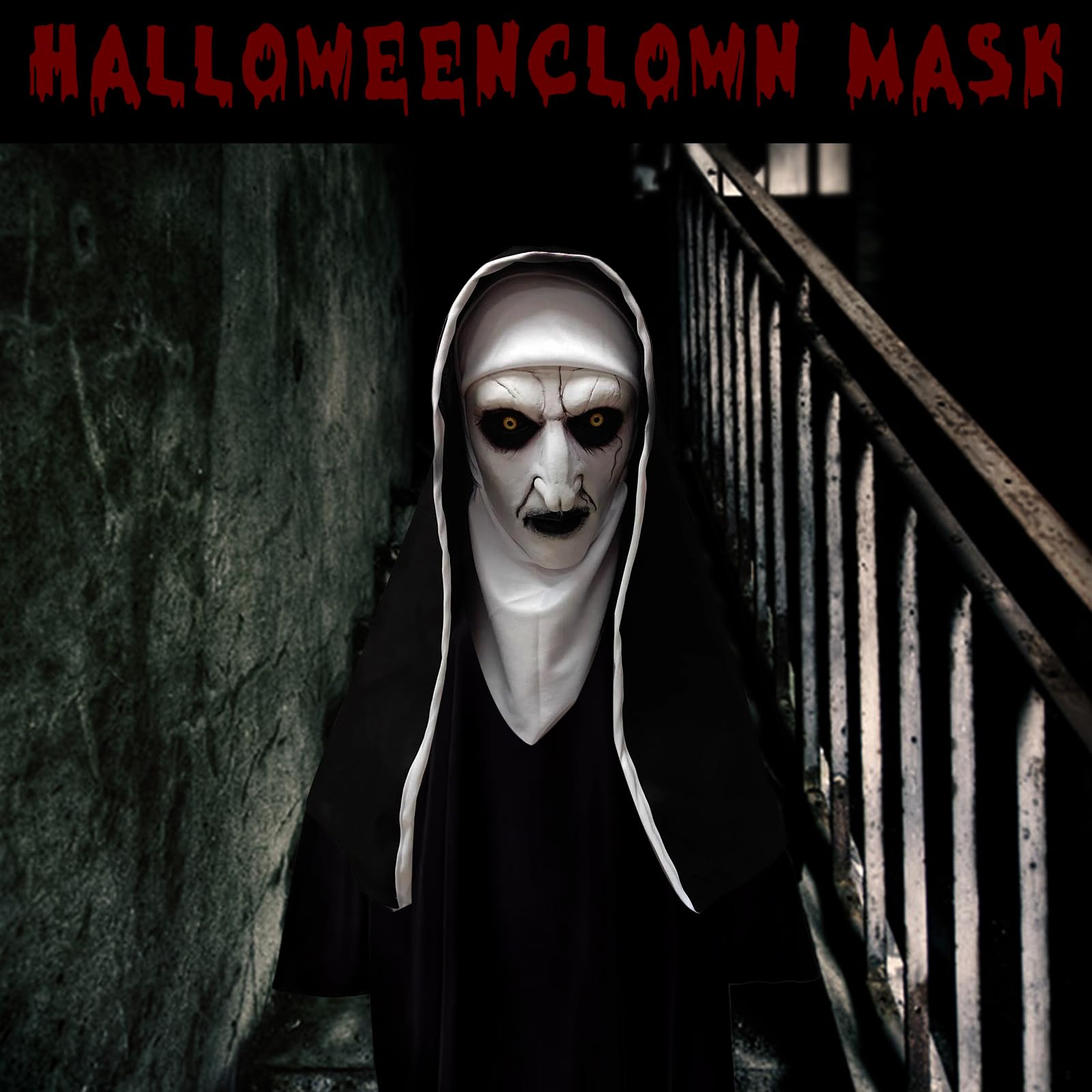 Fonysien Halloween Nun Mask With Headscarf & Black Mouth - Image 4