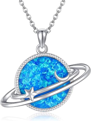 Saturn Necklace 925 Sterling Silver Planet Opal Moon Star Pendant Necklace Saturn Jewelry Gift for Women