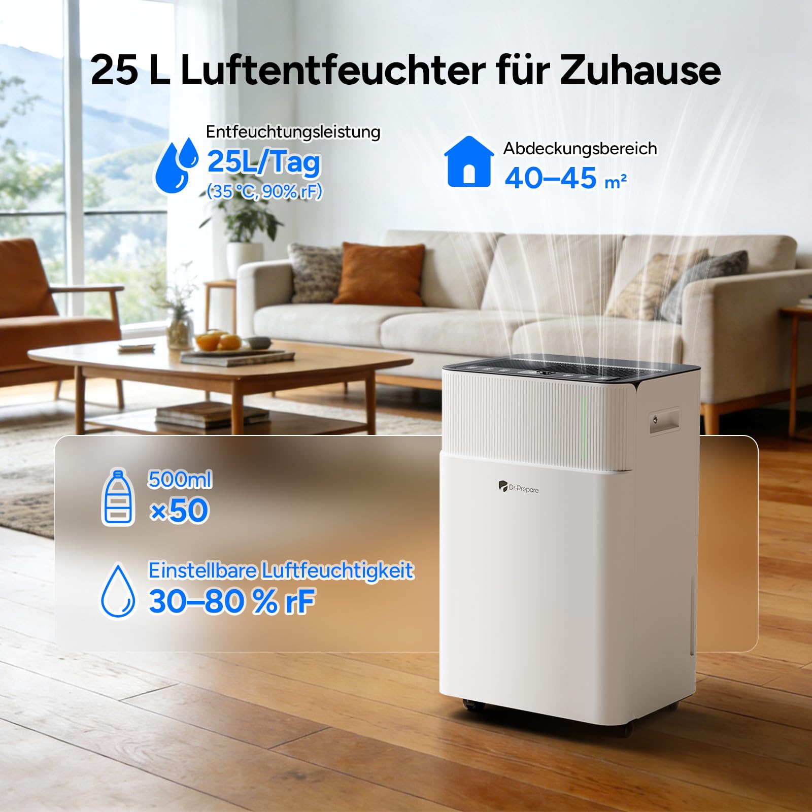 DR.PREPARE Luftentfeuchter Elektrisch 25L, Entfeuchter für Keller Wäschetrocknung, 4.5L Tank, 3 Modi, Schlafmodus, 24H Timer, Raumentfeuchter Elektrisch für 40-45m², Luftentfeuchter mit Ablaufschlauch