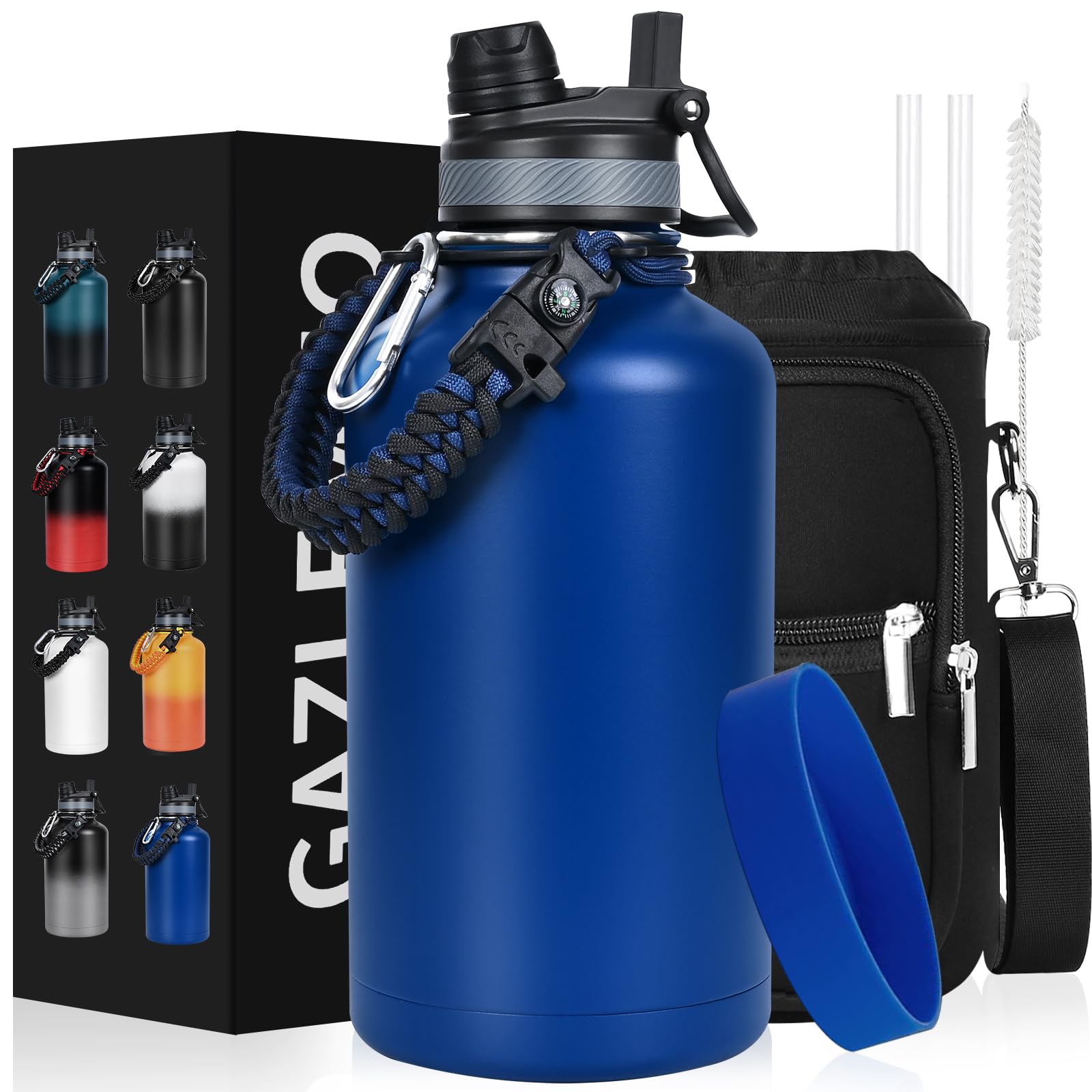 GAZLEMHO Insulated Water Bottle 64 oz, Half Gallon Water Jug Cold 48H, BPA Free Stainless Steel Bottles with Straw/Chug 2-in-1 Lid, Bag, Paracord