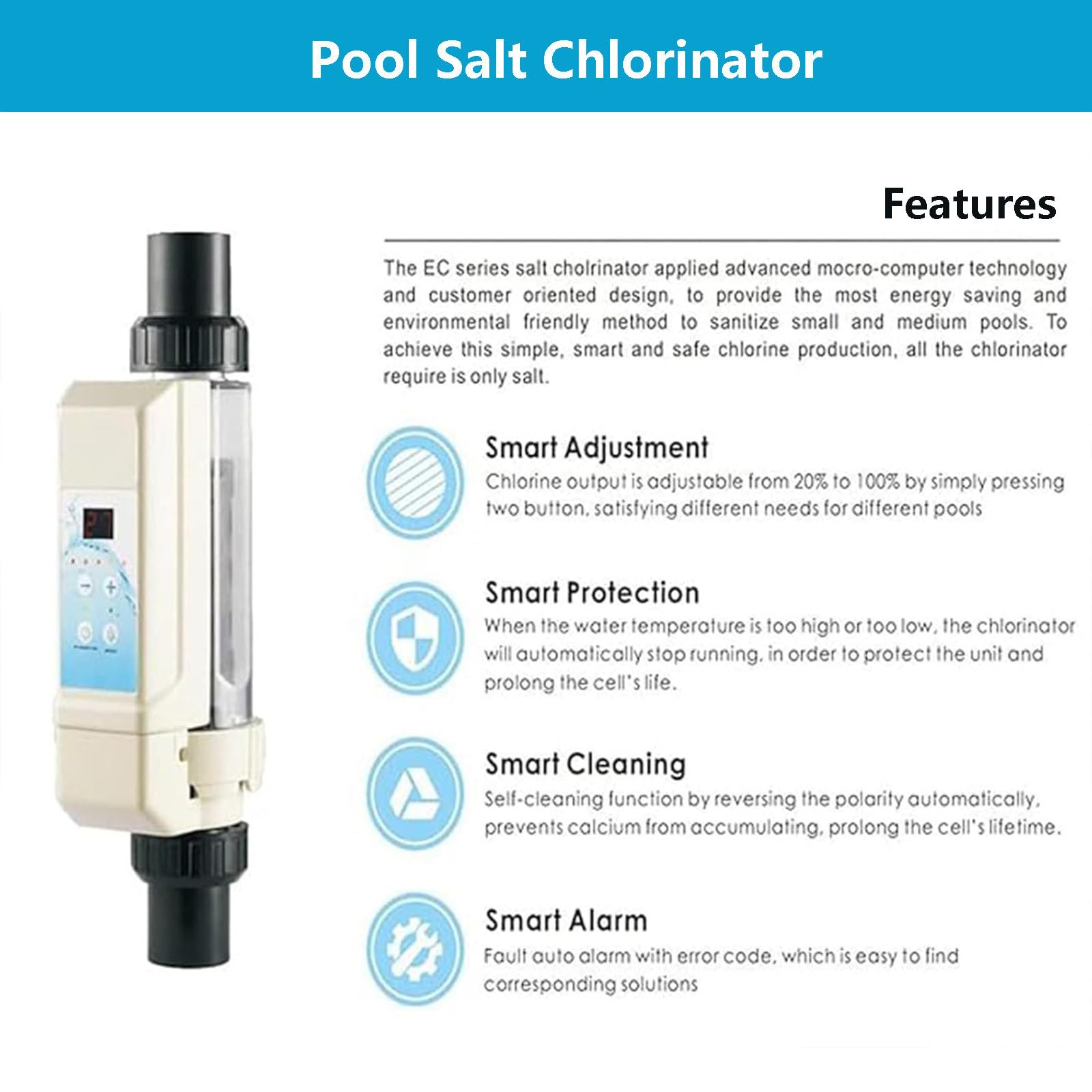 Clorador de agua salada para piscina, limpieza automática, detección de nivel de agua, incluye gafas de seguridad, salida: 8 g/h a 20 g/h