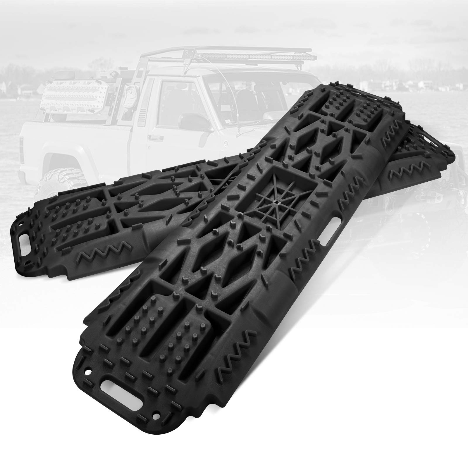 BUNKER INDUST Offroad Traction Boards with Jack Lift Base, Mud Sand Tracks Snow Tire Traction Mat Recovery Ramp for 4X4 Jeep Truck SUV ATV UTV Pair Black Traction Pads (Gen 2th)